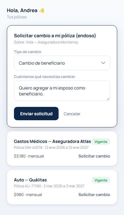 Mockup del portal del cliente en Upco InsurGest, mostrando pólizas de vida, gastos médicos y auto en un mismo lugar, cada una con su botón de Solicitar cambio