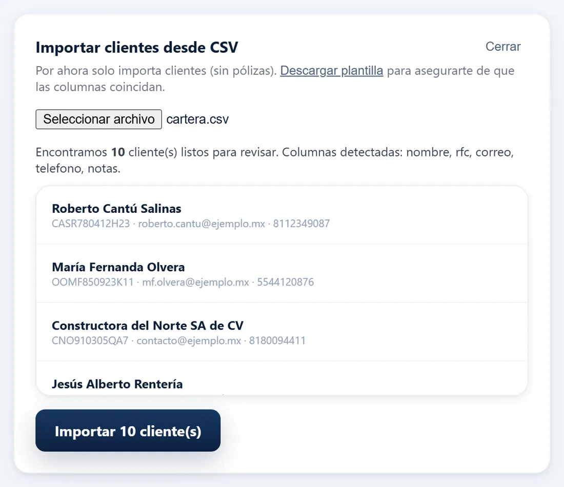 El importador leyendo un archivo y mostrando los diez clientes que encontró antes de guardarlos