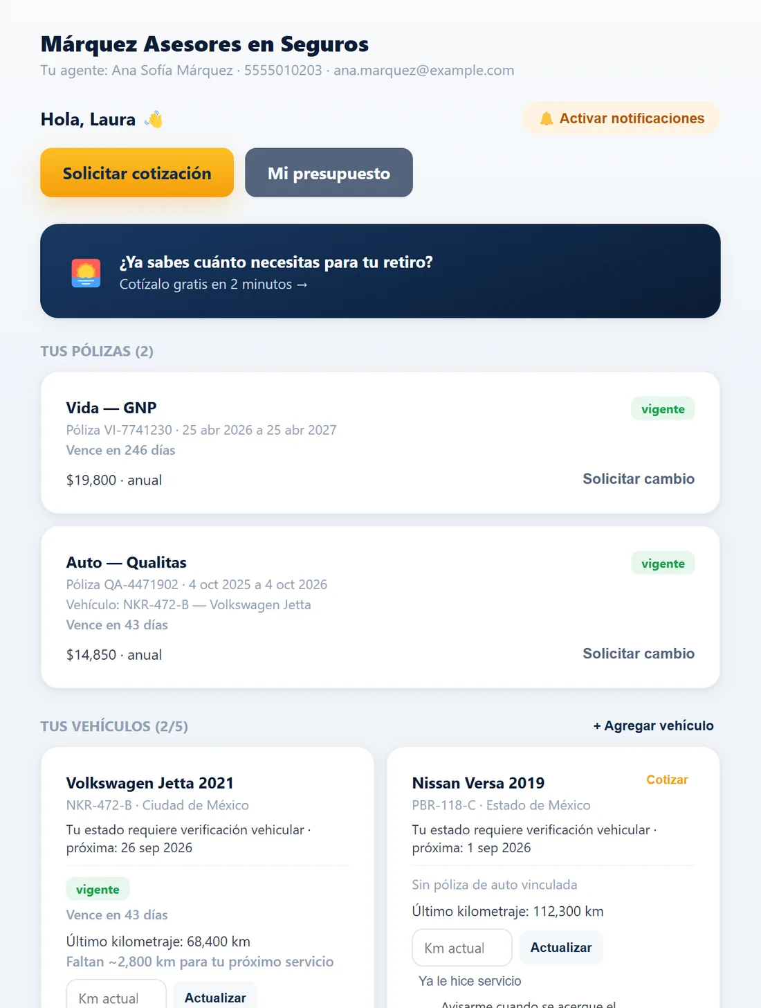 Portal del cliente mostrando sus vehículos con kilometraje y verificación