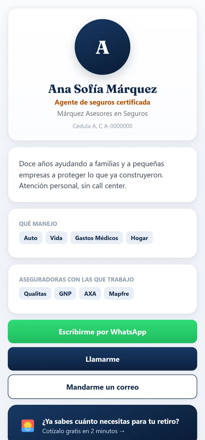 Tarjeta digital pública del agente con sus datos y botones de contacto